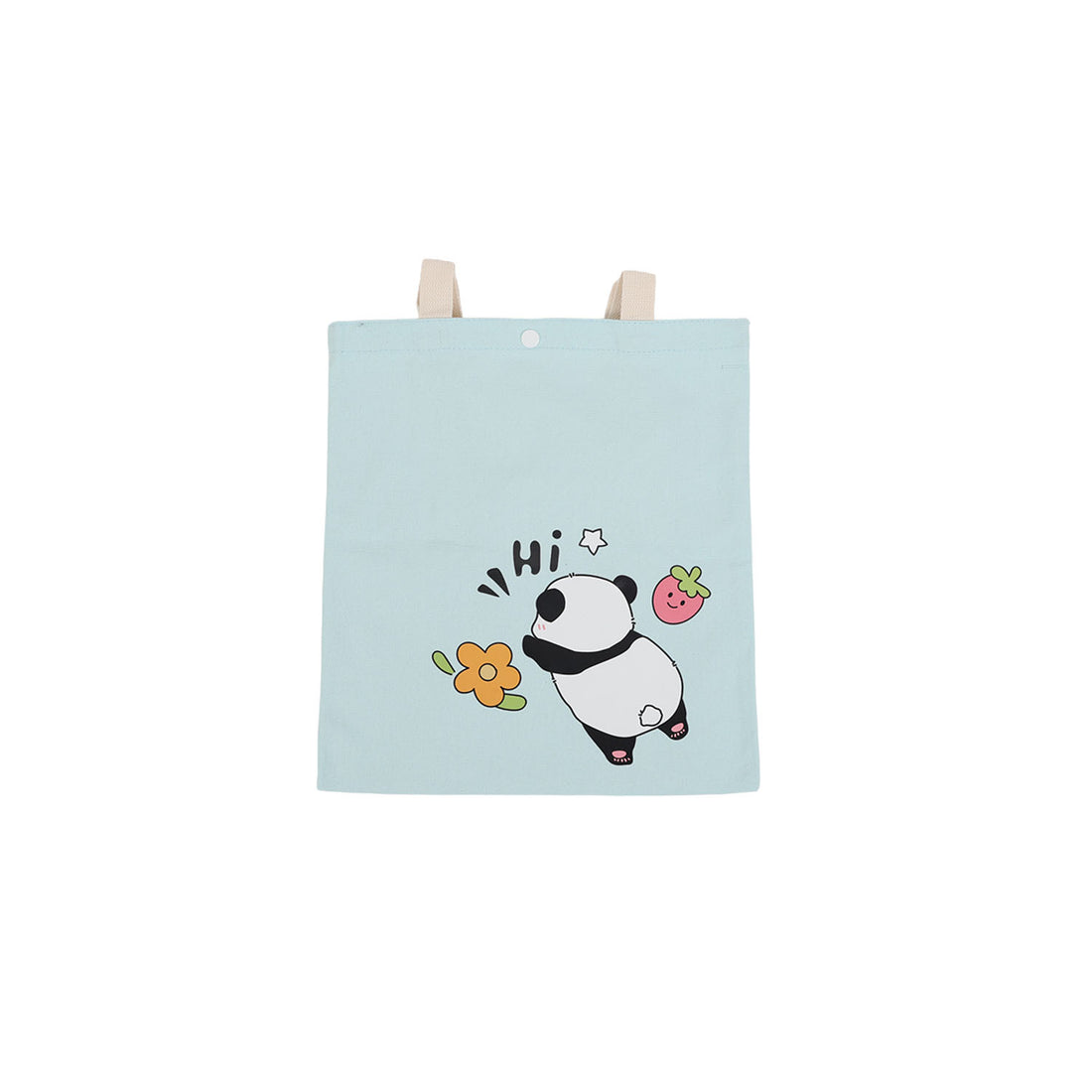 Light blue canvas shoulder tote bag with panda face and flower cartoon