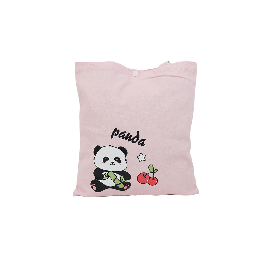 Pink canvas shoulder tote bag with panda graphic and cherries print