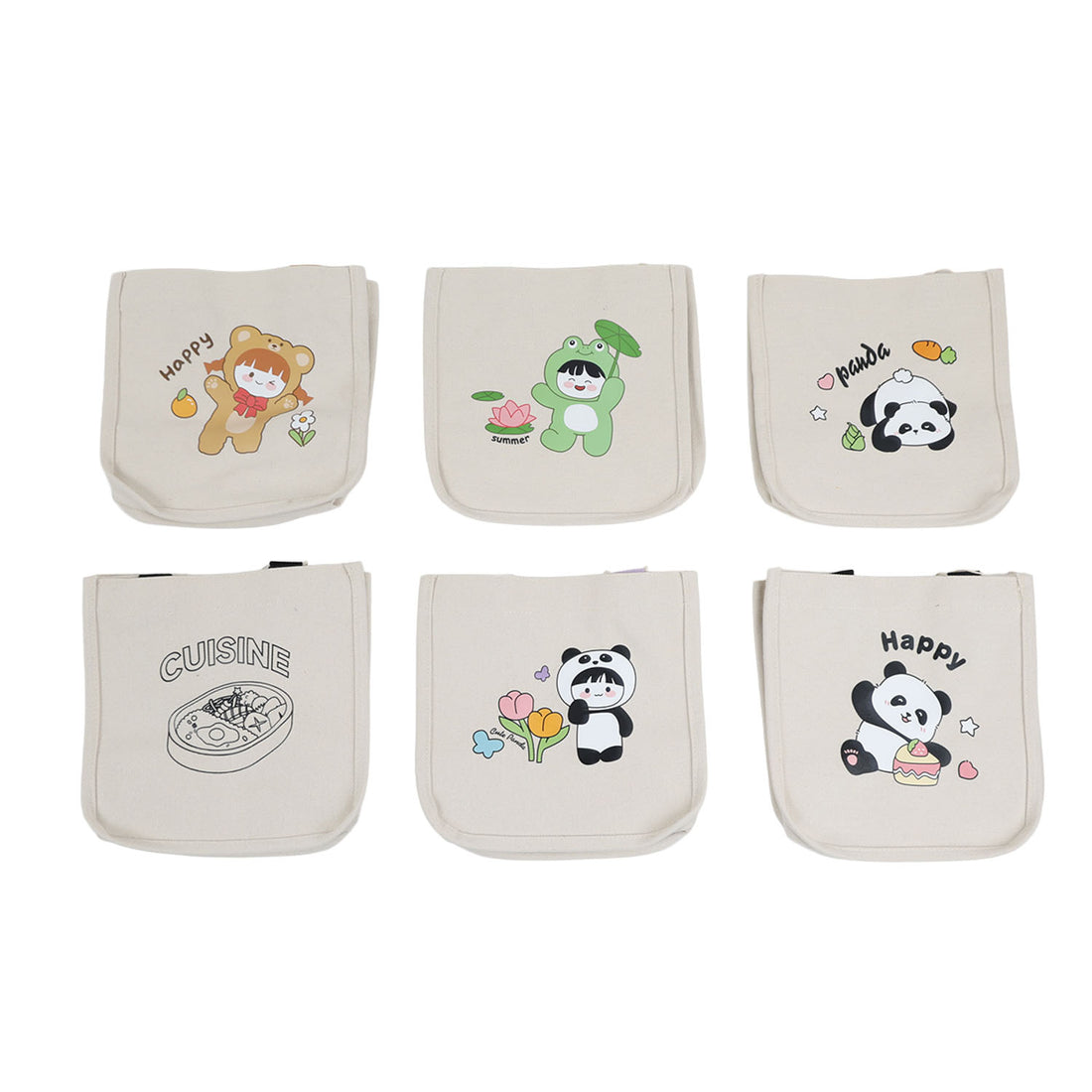Cartoon character mini handbags on cream fabric, featuring panda and animal prints.