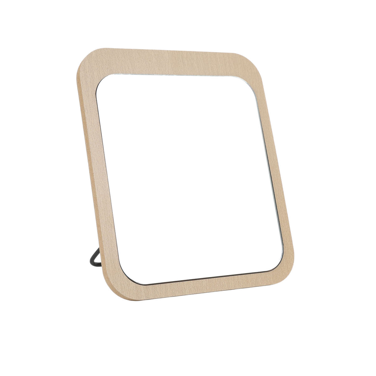 Light wood square mirror with rounded corners and white reflective glass