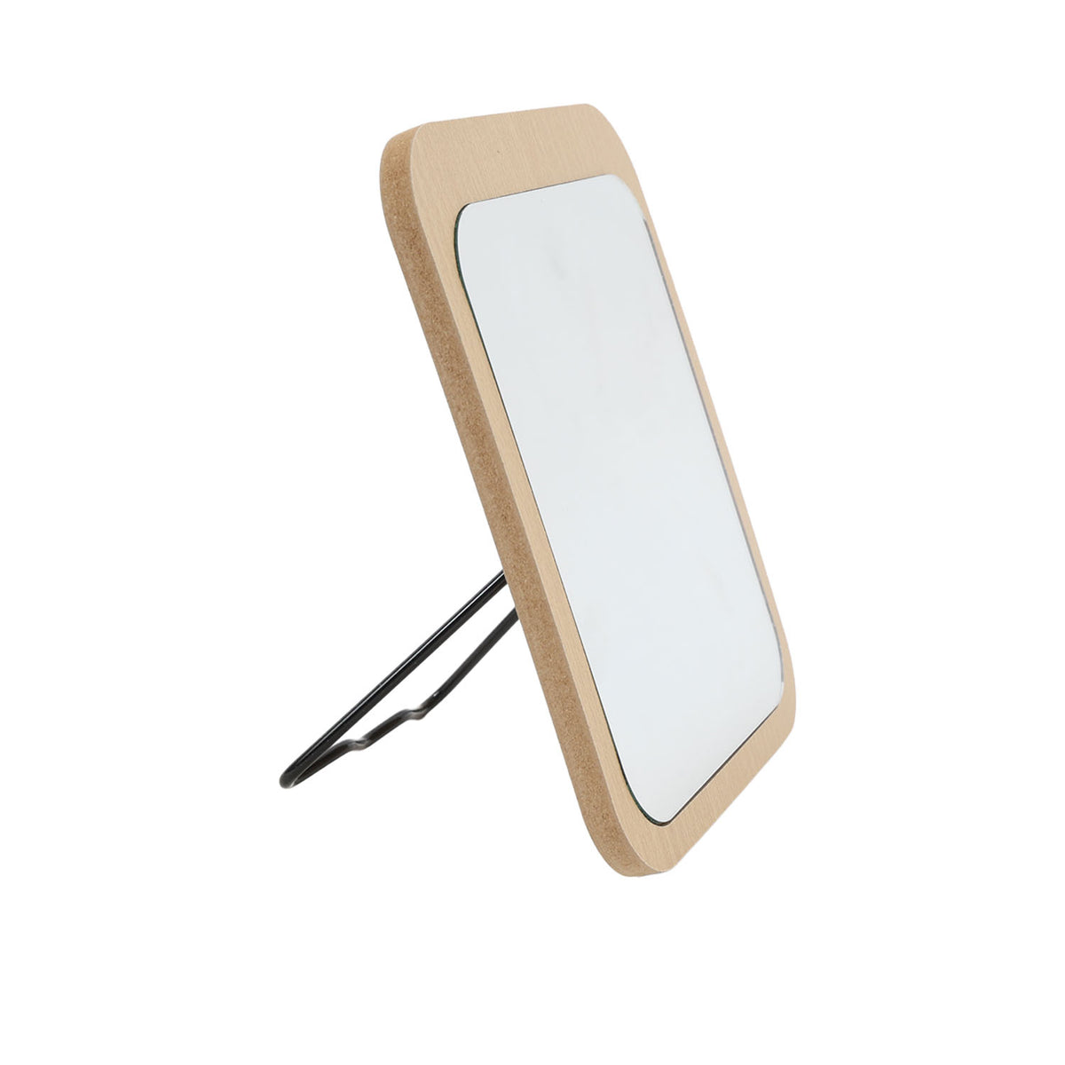 Light wood square tabletop mirror with black fold-out stand legs