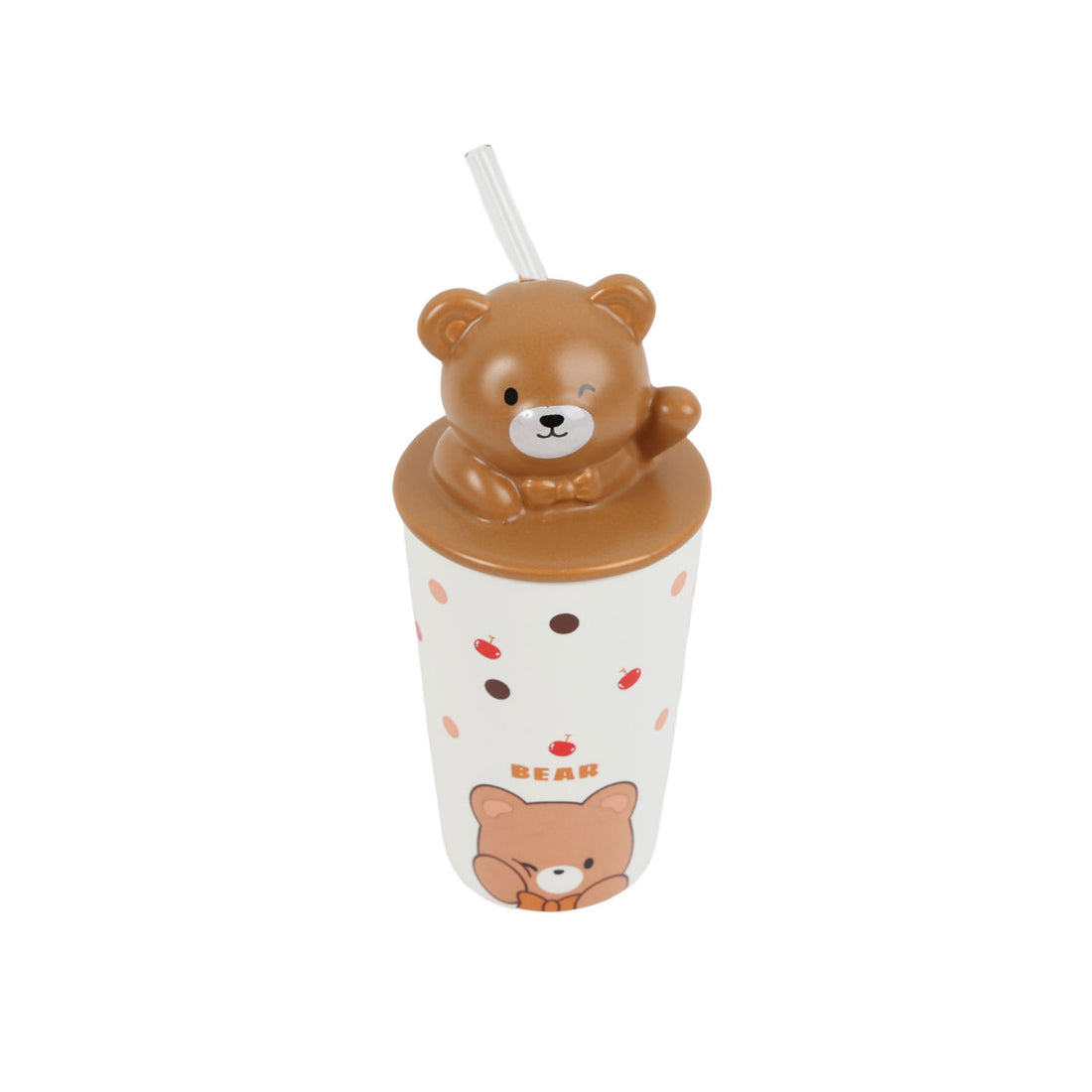 400ml ceramic bear straw cup with brown bear lid, white body with dot pattern.
