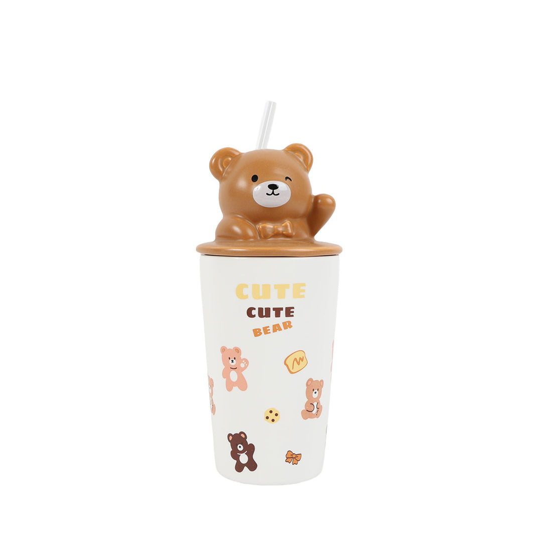 400ml ceramic bear straw cup with brown bear lid, white body with bear icons and text.