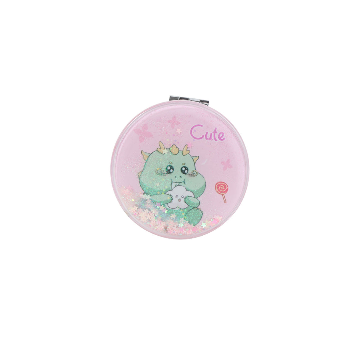 Round pink compact mirror with cute dinosaur illustration and glittery accents