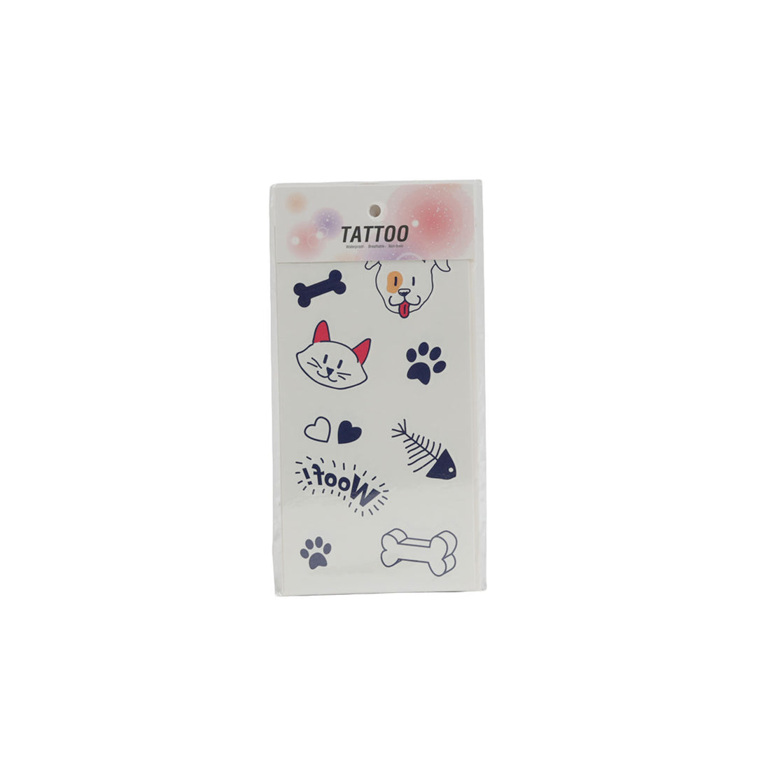 Tattoo sticker set with cat and dog icons, paw prints, bones, and hearts