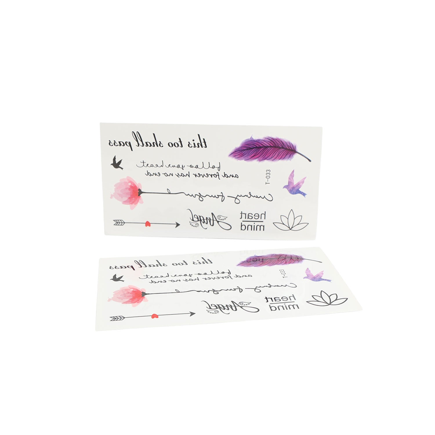 Tattoo sticker sheet with mixed floral, feather, butterfly designs and handwritten text