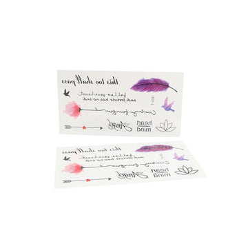 Tattoo sticker sheet with mixed floral, feather, butterfly designs and handwritten text