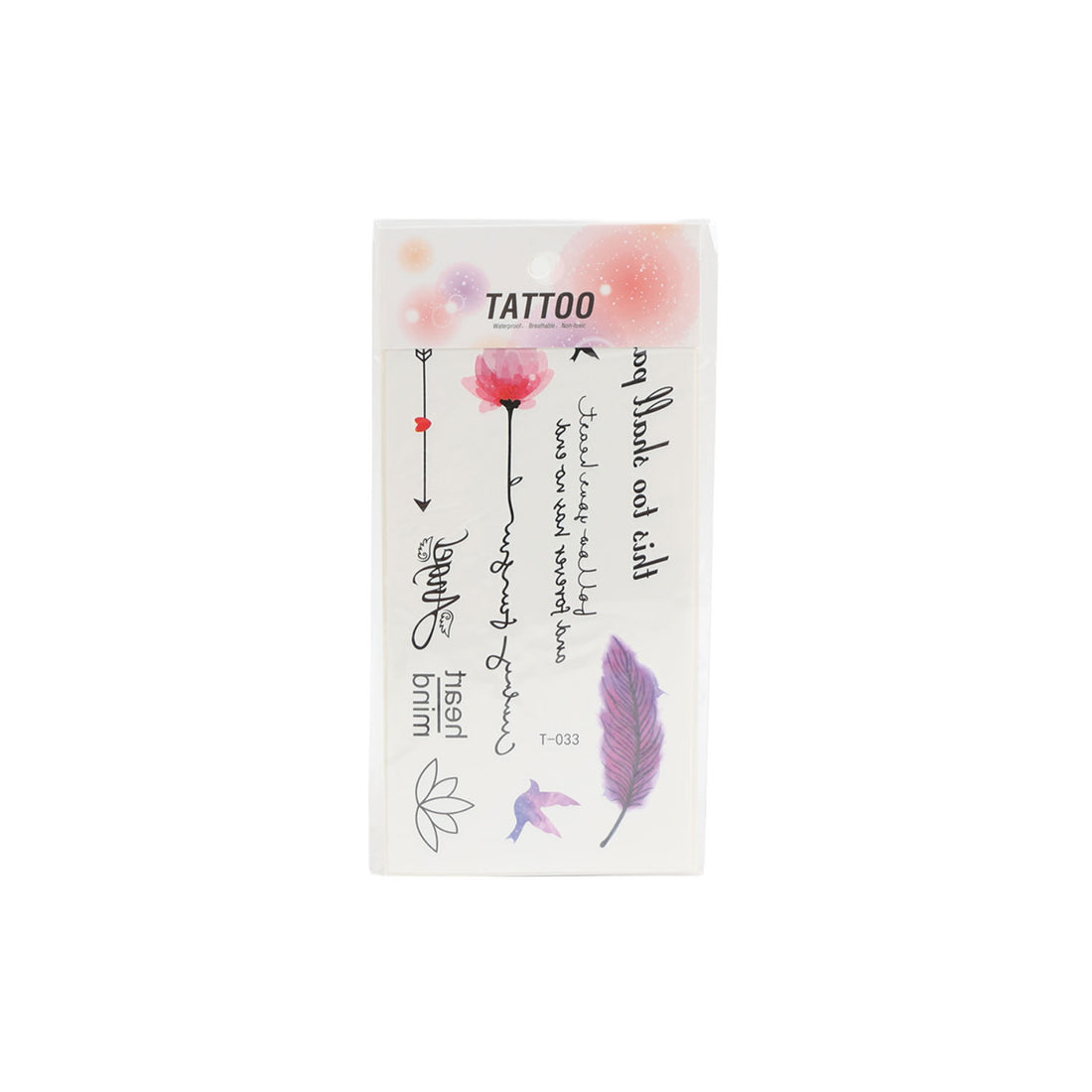 Tattoo sticker sheet with pink flower, purple feather, butterfly, and handwritten text