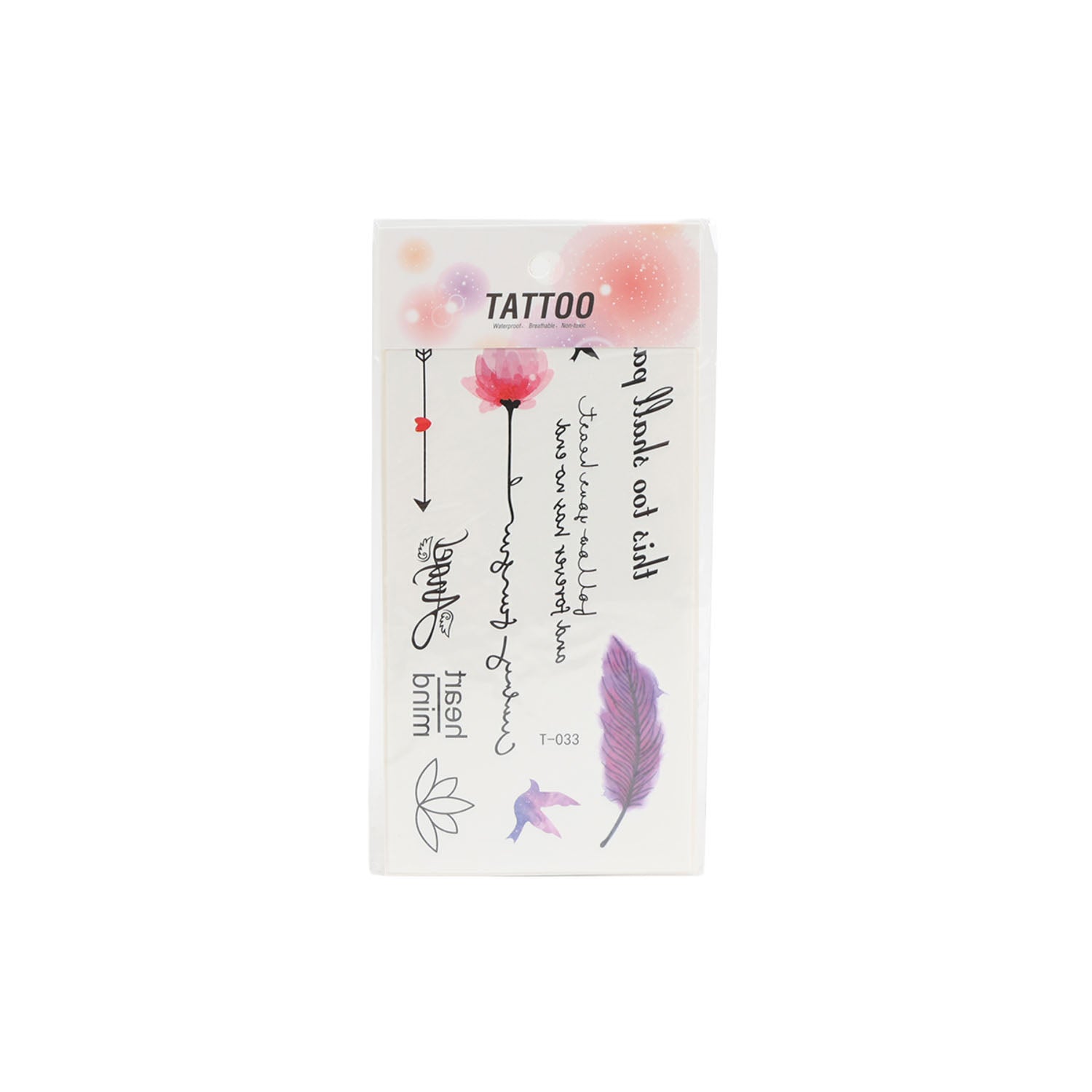 Tattoo sticker sheet with pink flower, purple feather, butterfly, and handwritten text