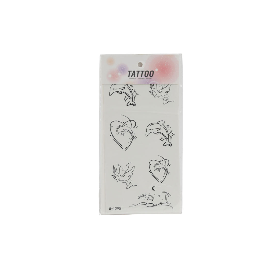 Tattoo sticker sheet with outline dolphin and seashell icons