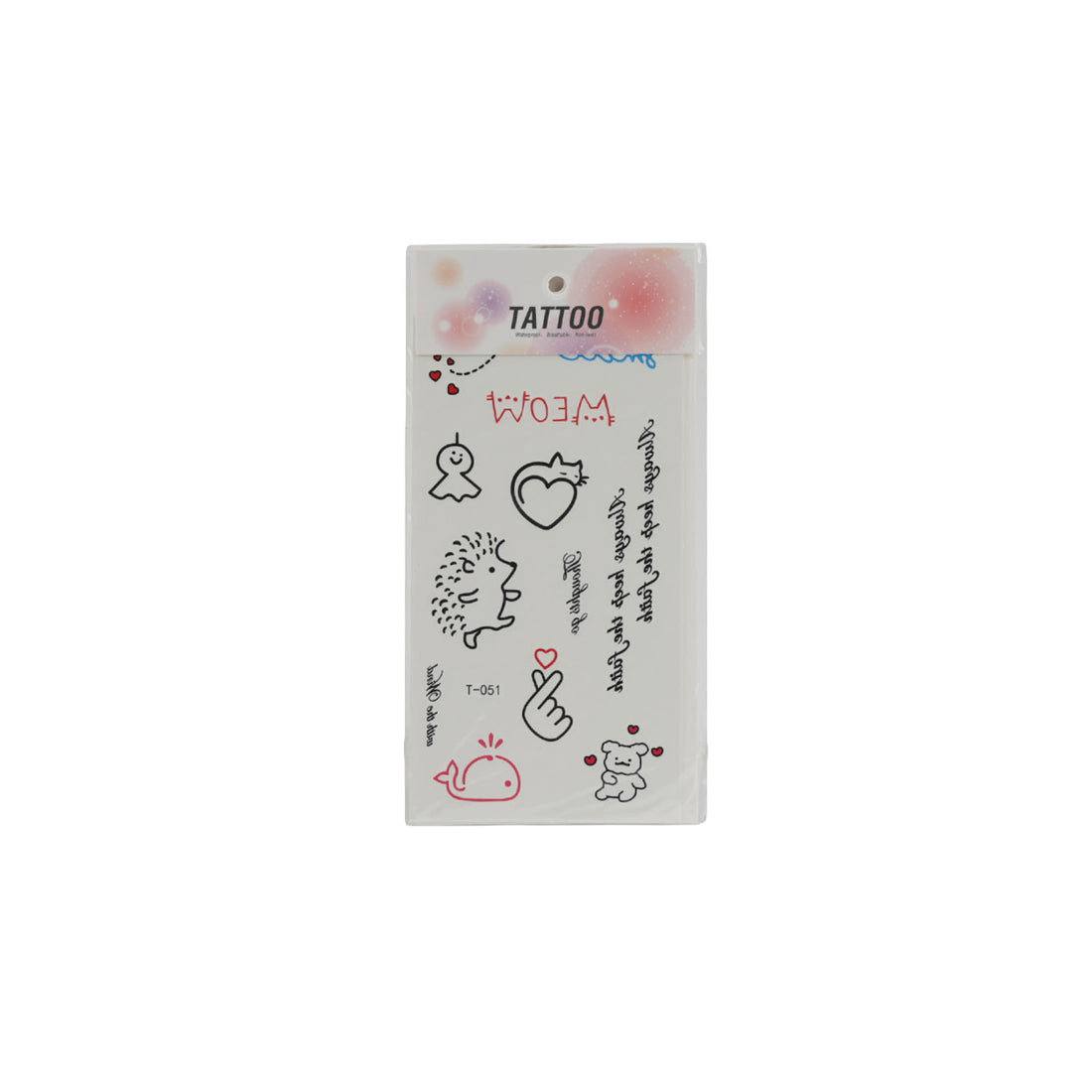 Tattoo sticker sheet with animal and heart icons in red, blue, and black