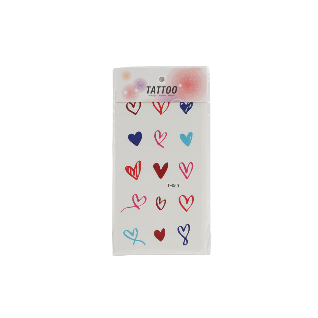 Tattoo sticker sheet with colorful heart, bow, and ribbon icons