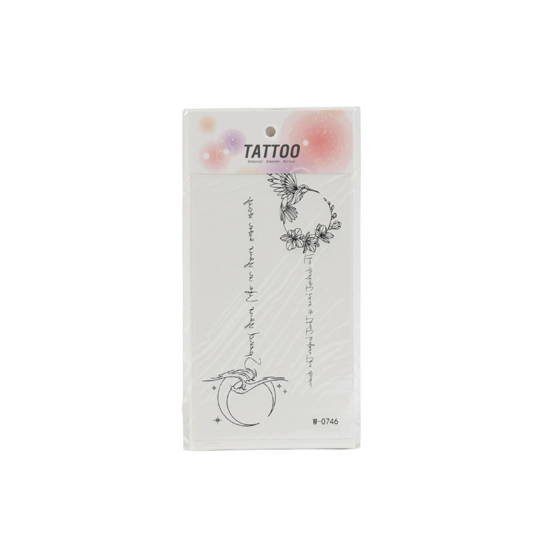Temporary tattoo sticker sheet with black floral wreath and crescent moon line art