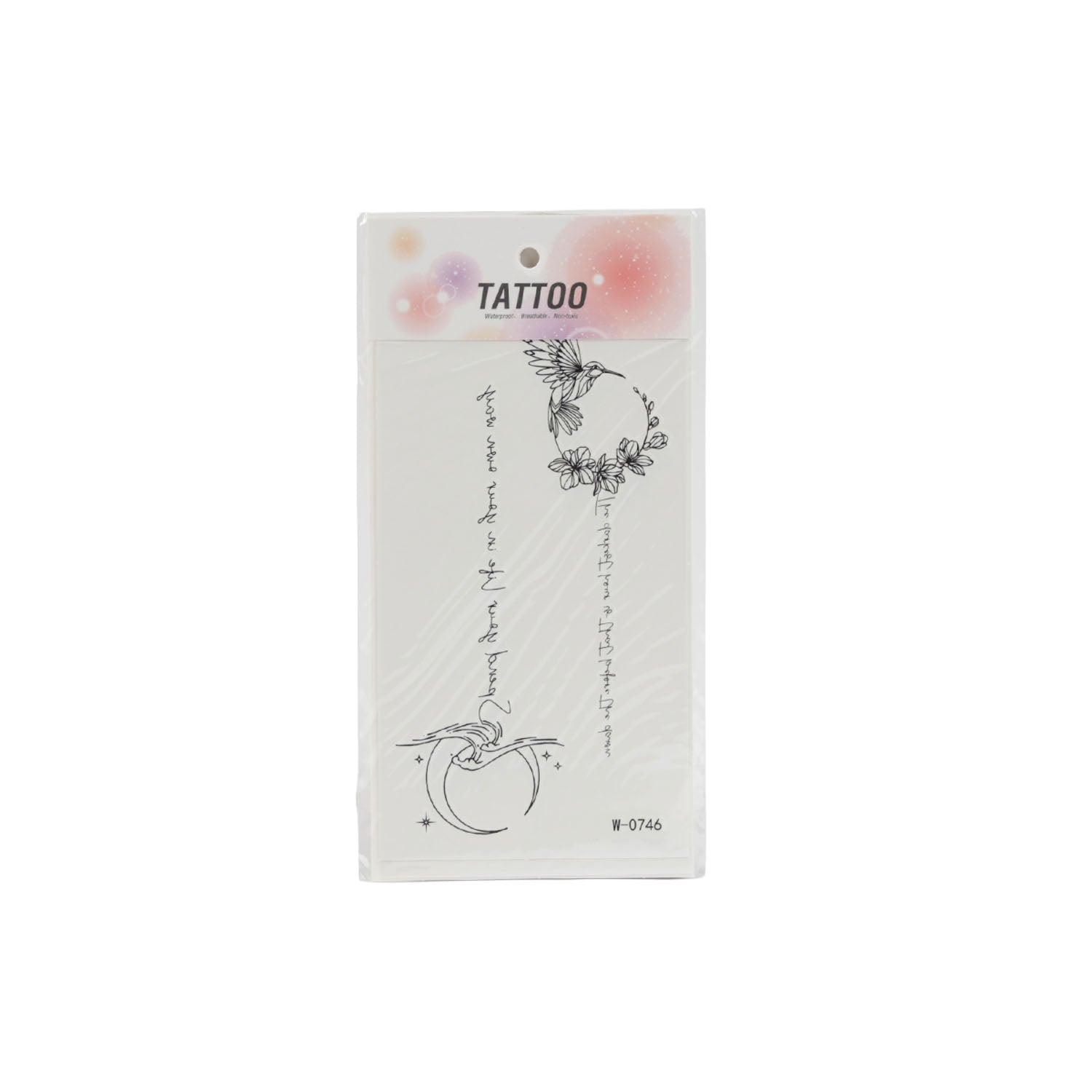 Temporary tattoo sticker sheet with black floral wreath and crescent moon line art