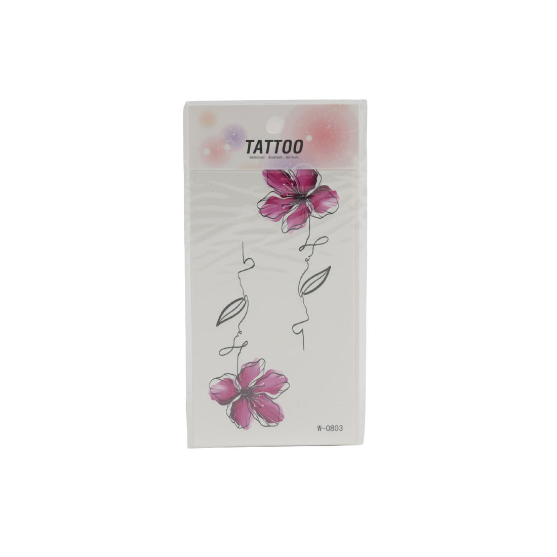 Flower tattoo sticker sheet with magenta butterfly blossoms and outline leaves