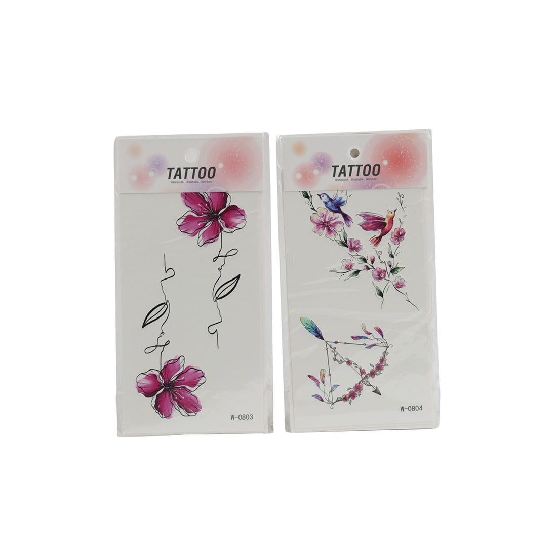 Two flower tattoo sticker sheets with pink blossoms, stems, and floral clusters