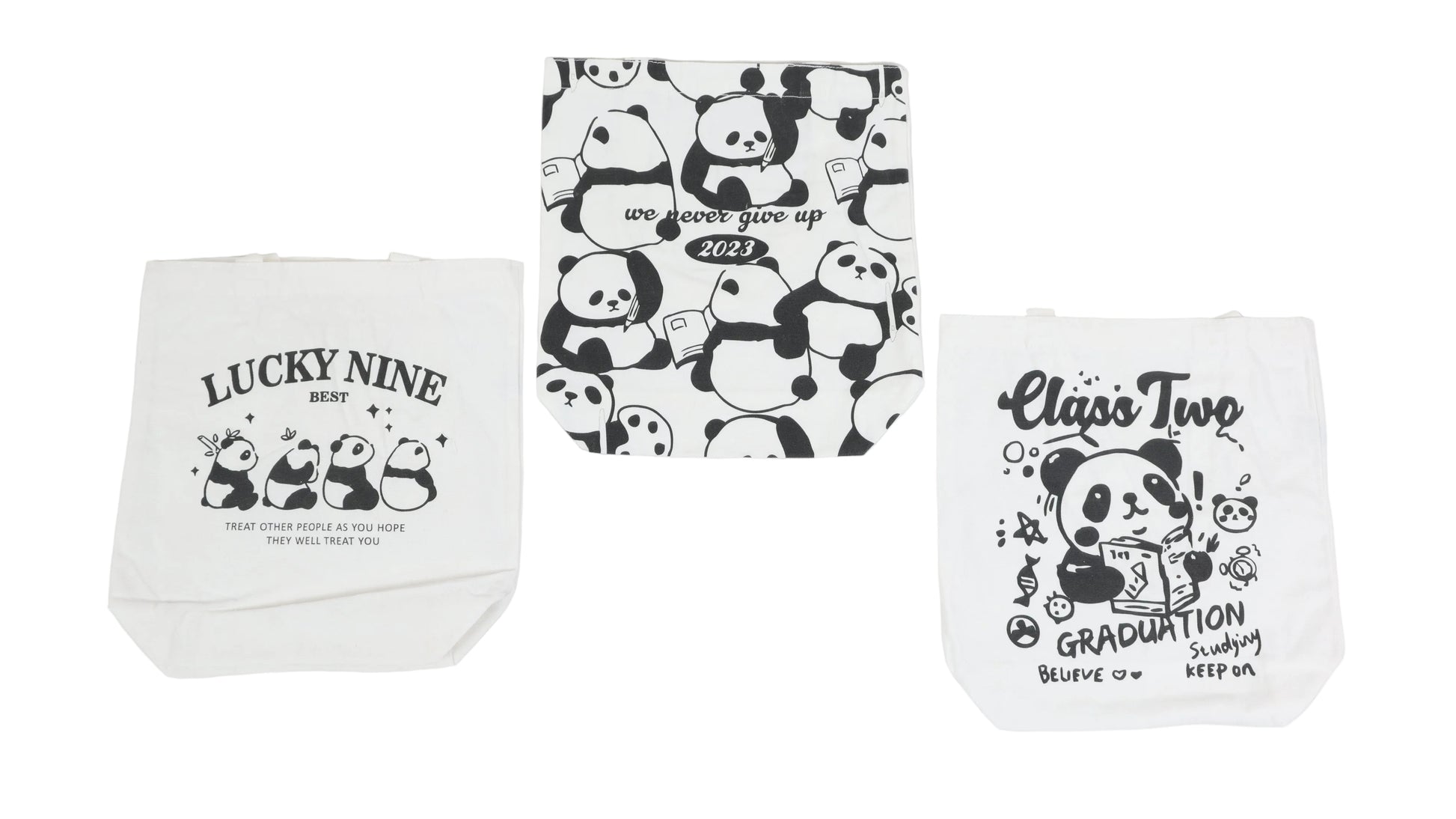 Set of three white canvas panda shoulder bags with different graduation prints