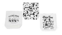 Set of three white canvas panda shoulder bags with different graduation prints