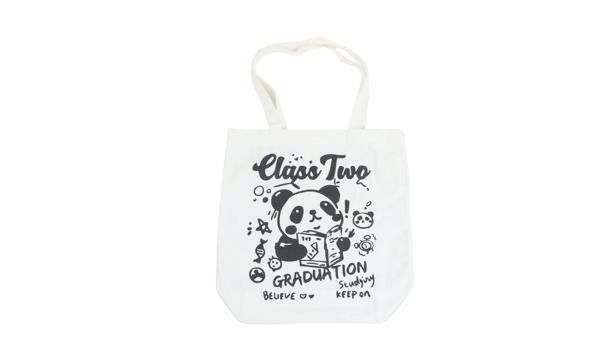 White canvas tote bag with 'Class Two Graduation' panda cartoon print