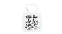 White canvas tote bag with 'Class Two Graduation' panda cartoon print