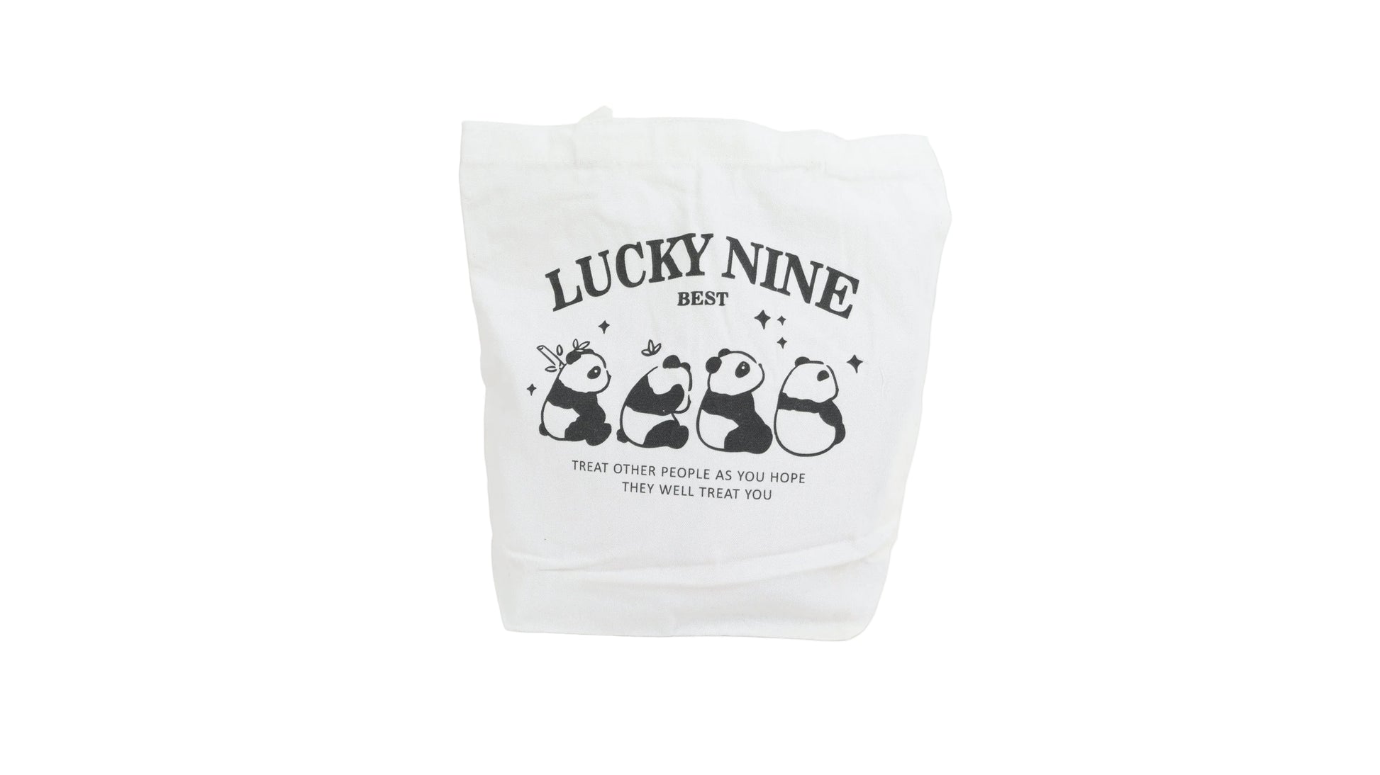 White canvas shoulder bag with 'LUCKY NINE' panda graphic and text