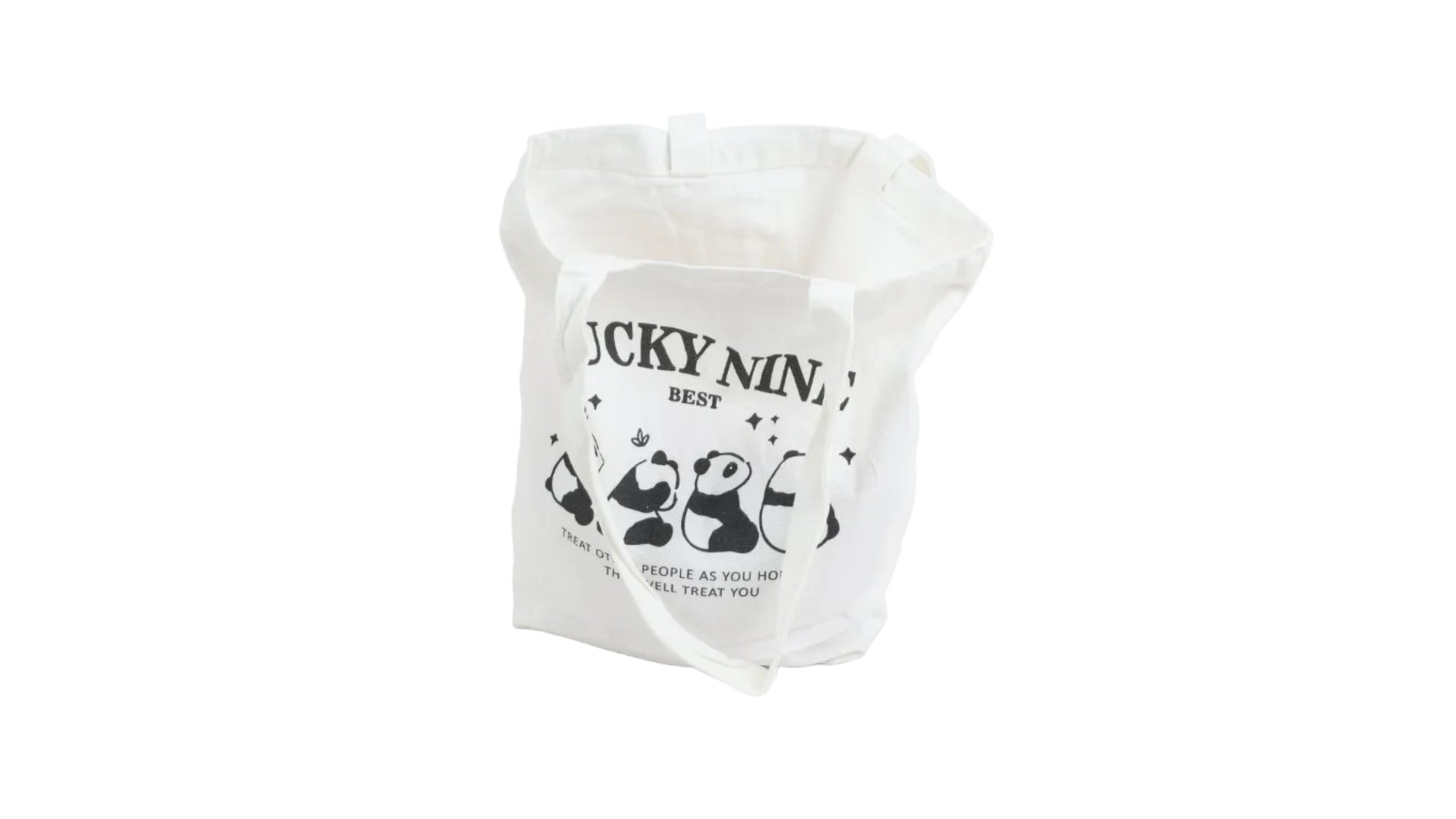 White canvas open-top shoulder bag with panda graphic and text print