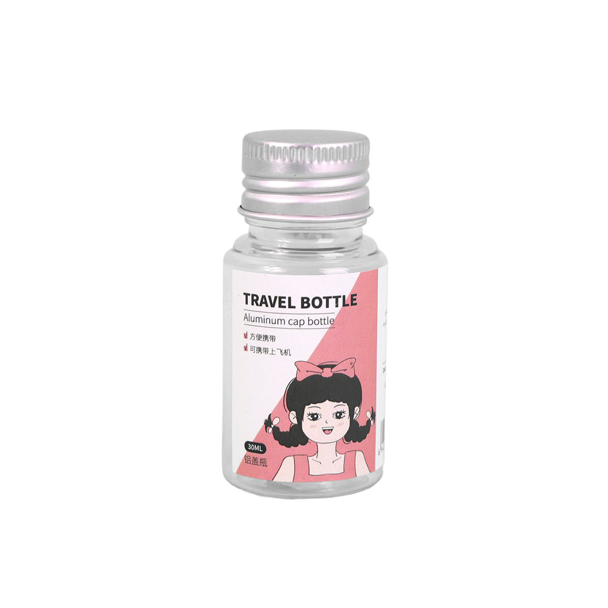 30ml travel bottle with aluminum cap, clear plastic and pink cartoon label