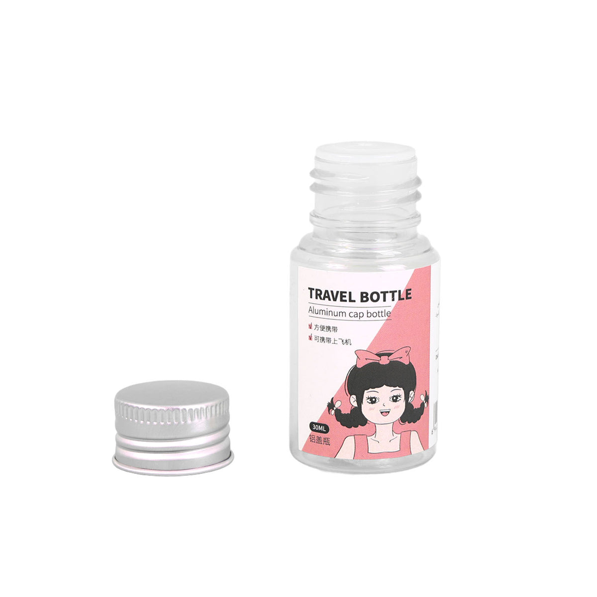 30ml travel bottle with aluminum cap; cap shown beside clear plastic bottle