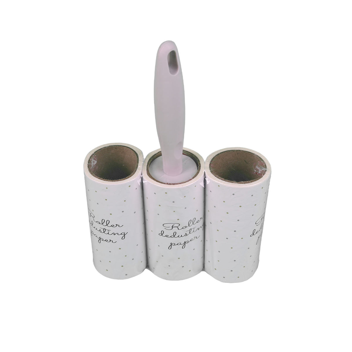Reusable lint roller set, three white speckled sleeves with light handle
