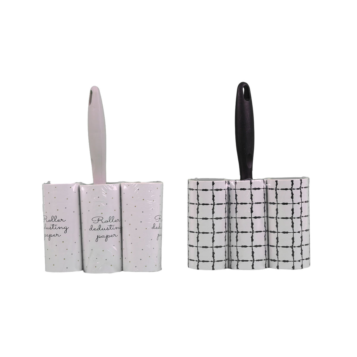 Reusable lint roller set, white speckled and black grid sleeves, two handles