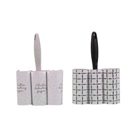 Reusable lint roller set, white speckled and black grid sleeves, two handles