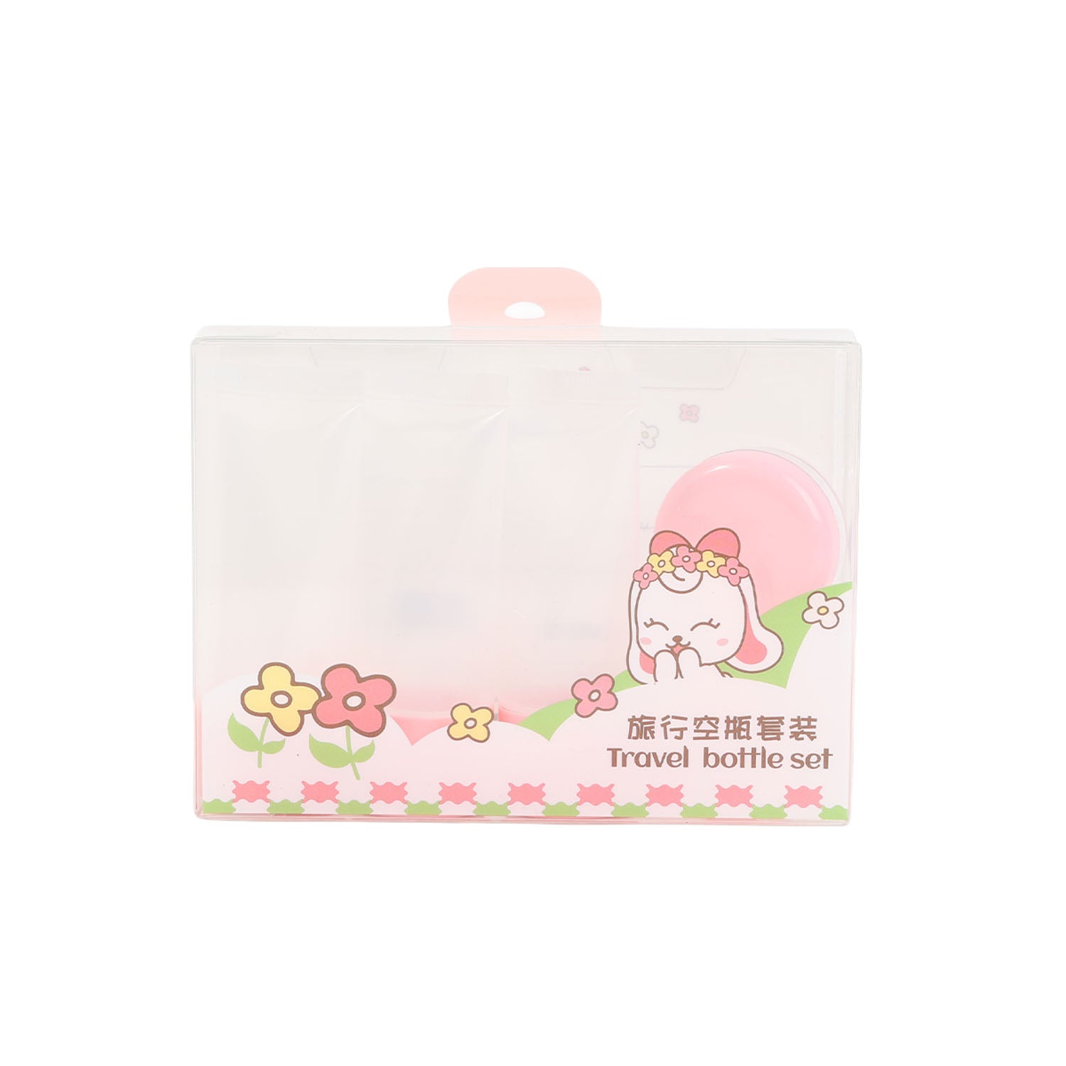 5-piece travel bottle set in pink with cute character print on clear package