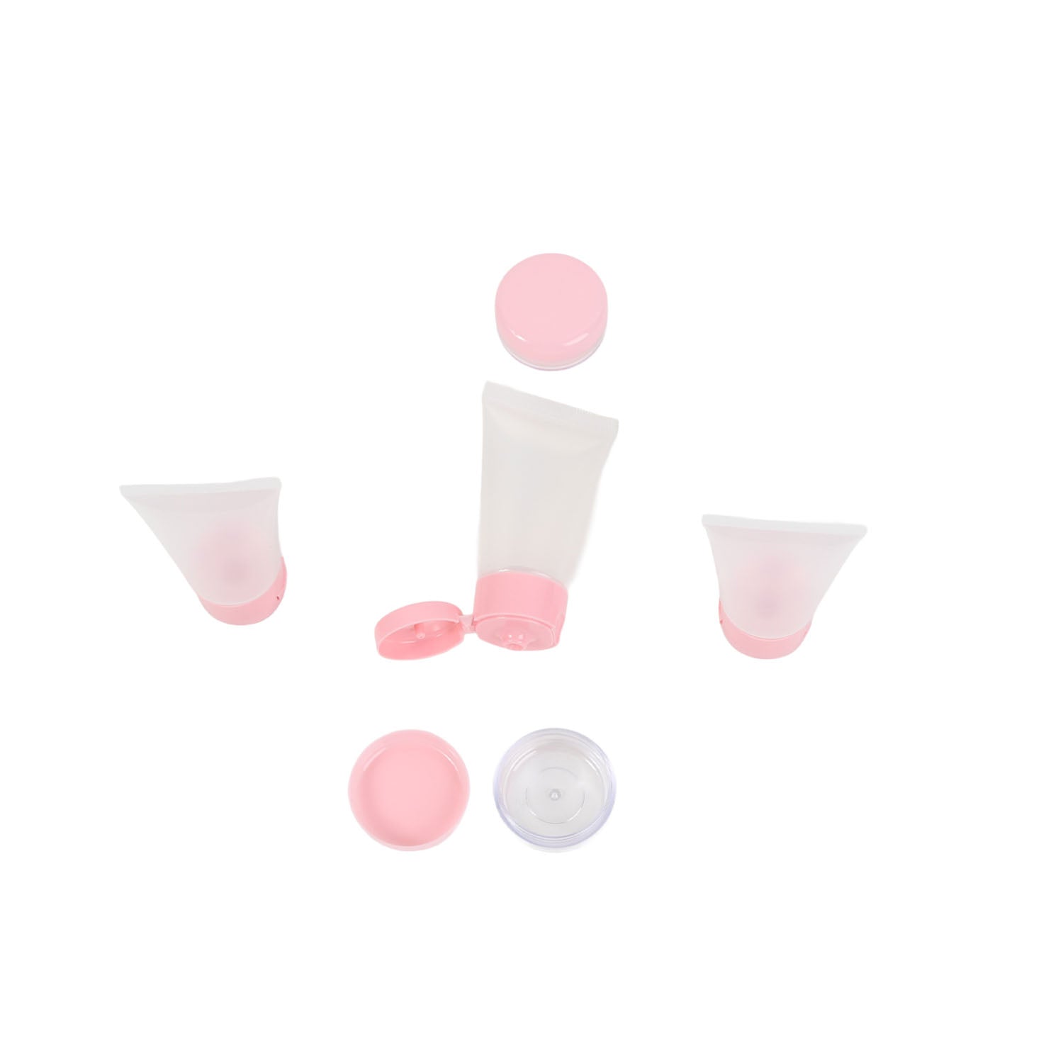 Pink travel squeeze bottles and matching caps, five-piece set, unboxed