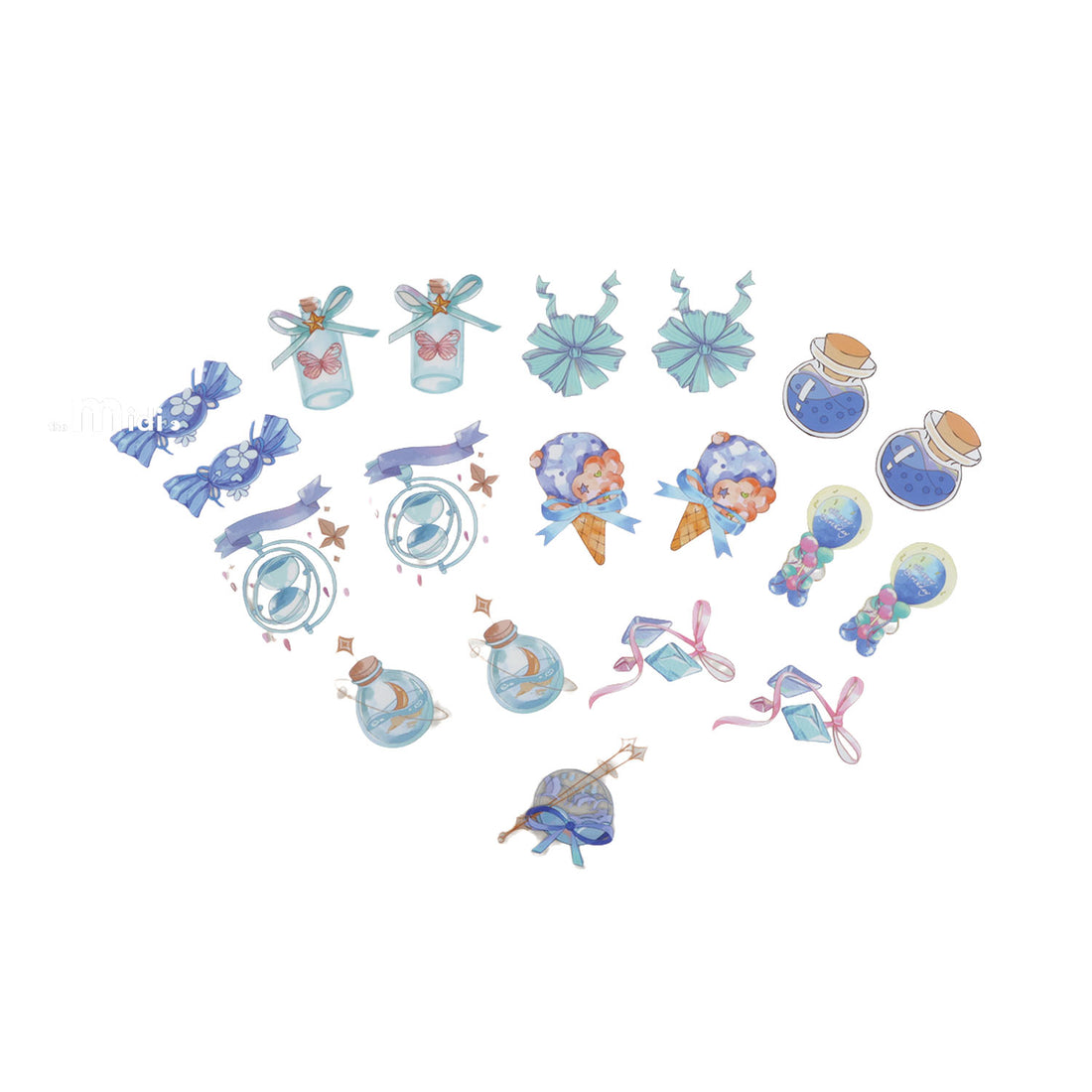 Set of PET stickers with blue sweets, bows, ribbons, and dreamy icons