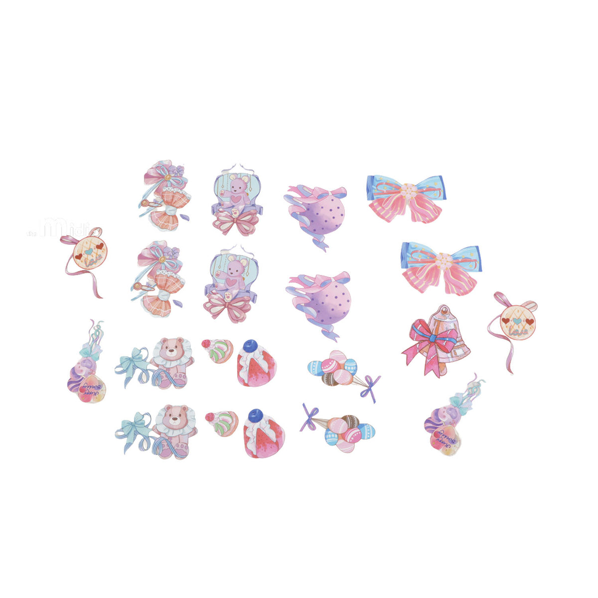 Pastel PET sticker set with bows, bears, balloons, and small candy shapes