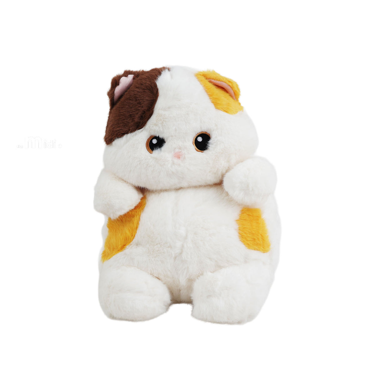Calico cat plush toy with white fur, brown and yellow patches, sitting, 40 cm