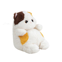 Calico cat plush toy with white fur and brown/yellow patches, paw raised, 40 cm