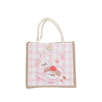 Pink checkered pet fashion handbag with bow-knot charm, cartoon animal print, top handles