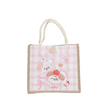 Pink checkered pet fashion handbag with bow-knot charm, cartoon animal print, top handles