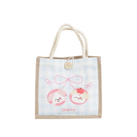 Blue checkered pet fashion handbag with bow-knot charm and cartoon cherry pet, top handle