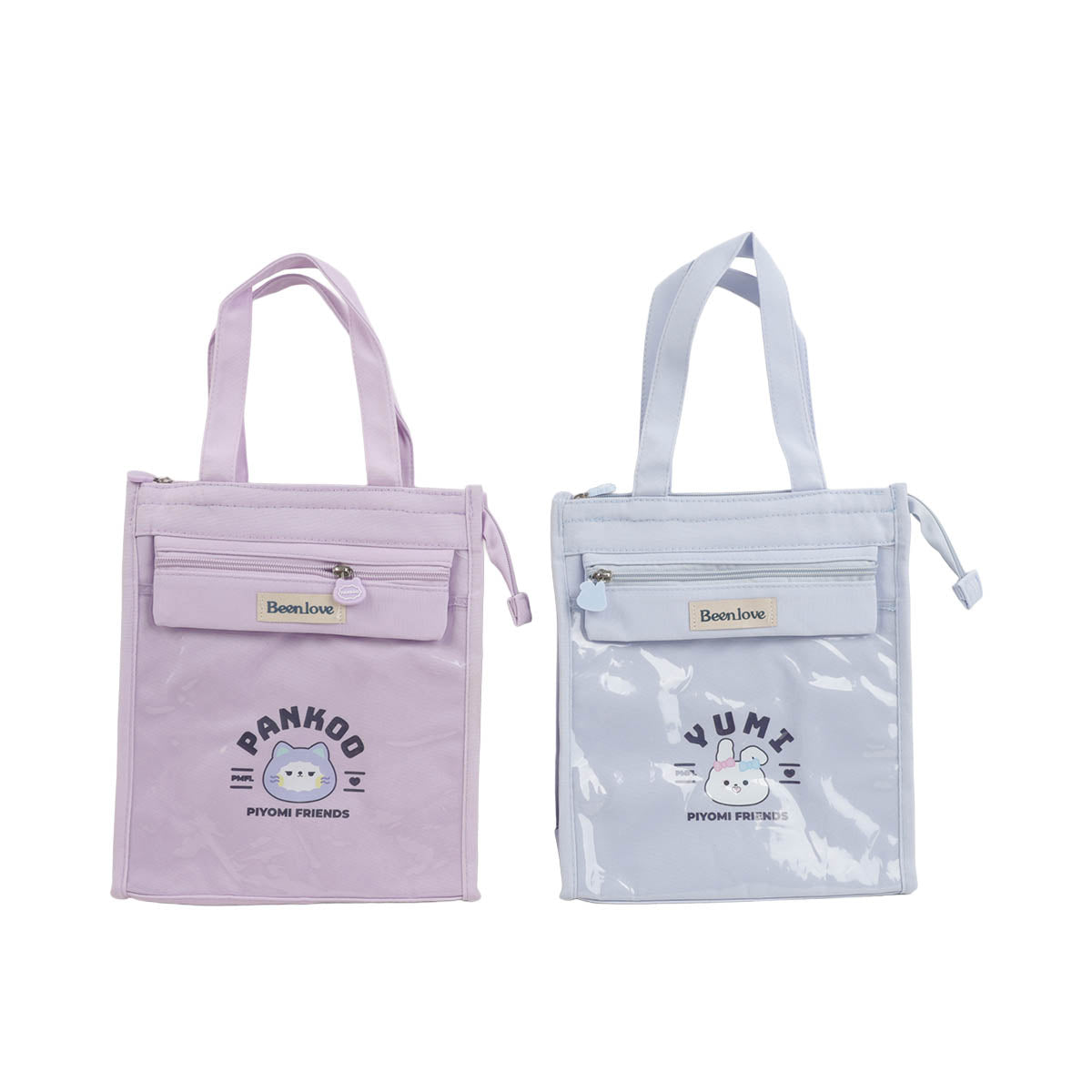 Pair of insulated lunch bags with handles, front pockets, and cartoon prints.