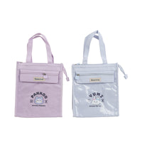 Pair of insulated lunch bags with handles, front pockets, and cartoon prints.