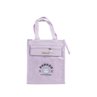 Purple insulated lunch bag with front zipper pocket and PAN KOO cartoon print.