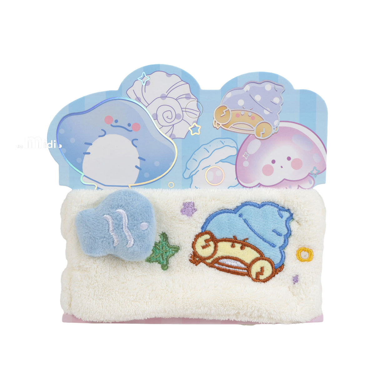 Ocean-themed plush headband, cream with blue whale patch and starfish accents