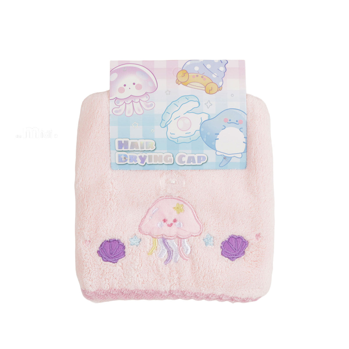 Light pink hair drying cap towel with jellyfish and purple shell embroidery