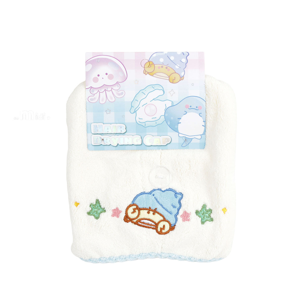 White hair drying cap towel with sea-animal embroidery and multicolor star accents