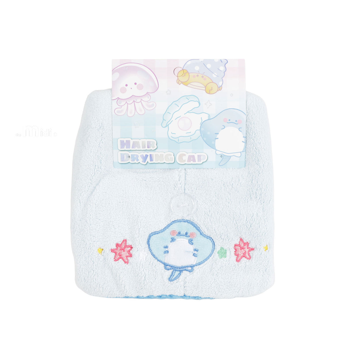 Light blue hair drying cap towel with blue sea creature embroidery and star accents