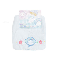 Light blue hair drying cap towel with blue sea creature embroidery and star accents