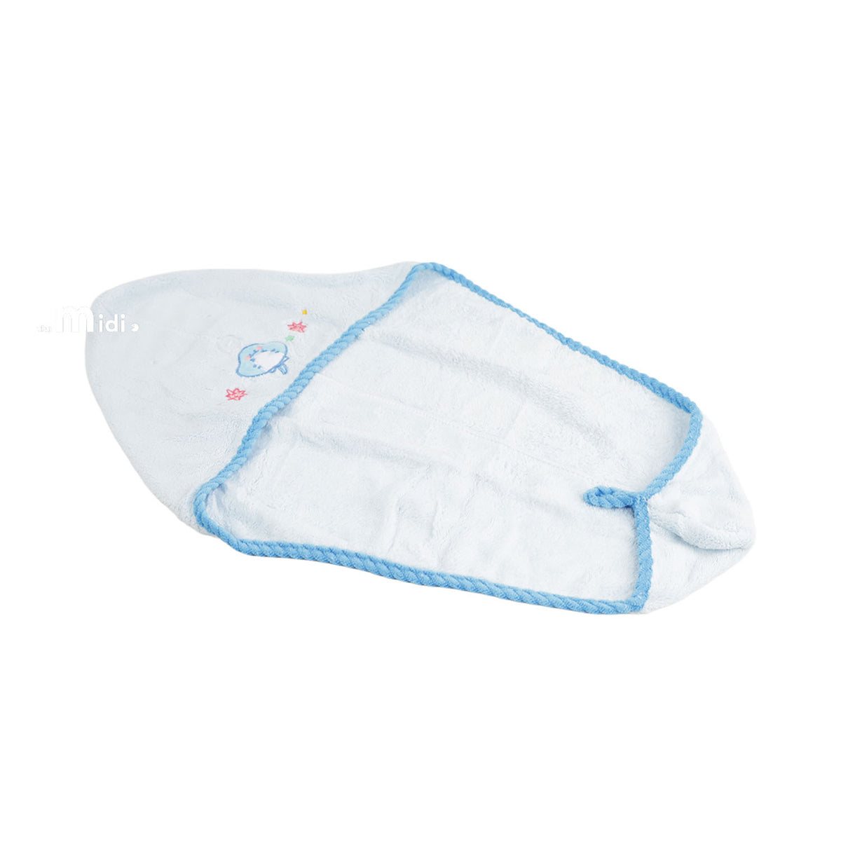 Light blue hair drying towel with blue trim and small sea-animal embroidery