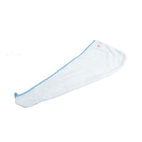 Light blue long hair drying towel with blue edging and small pink flower detail